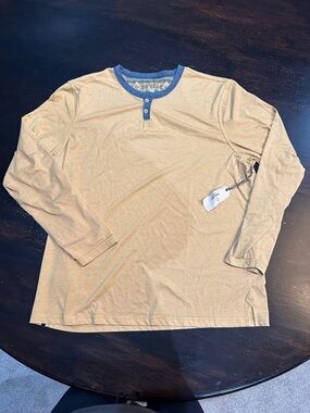 True Grit Tan Long Sleeve Henley with Blue Collar